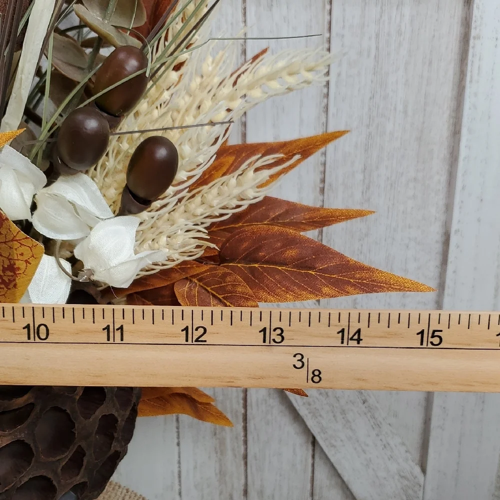 Metal Milk Can with Floral Arrangement Burlap Bow Cattails Dried Lotus